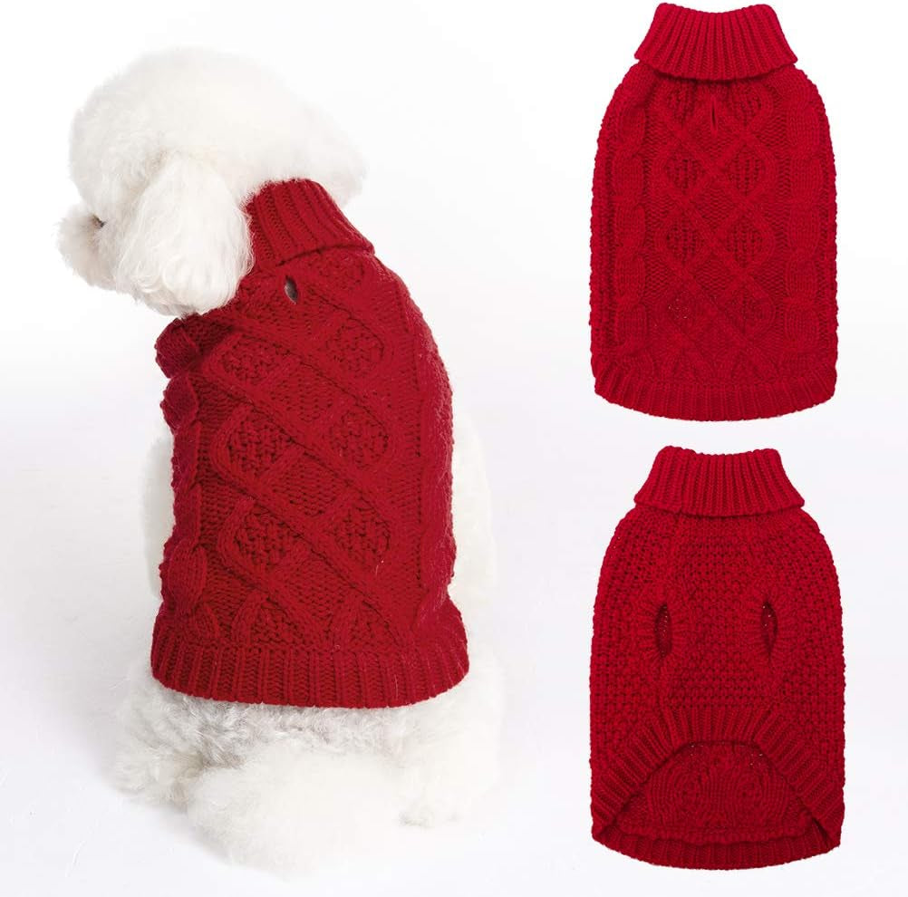 Mihachi Turtleneck Dog Sweater - Winter Coat Apparel Classic Cable Knit Clothes with Leash Hole for Cold Weather, Ideal Gift for Pet in New Year Animals & Pet Supplies > Pet Supplies > Dog Supplies > Dog Apparel Mihachi Red X-Small 