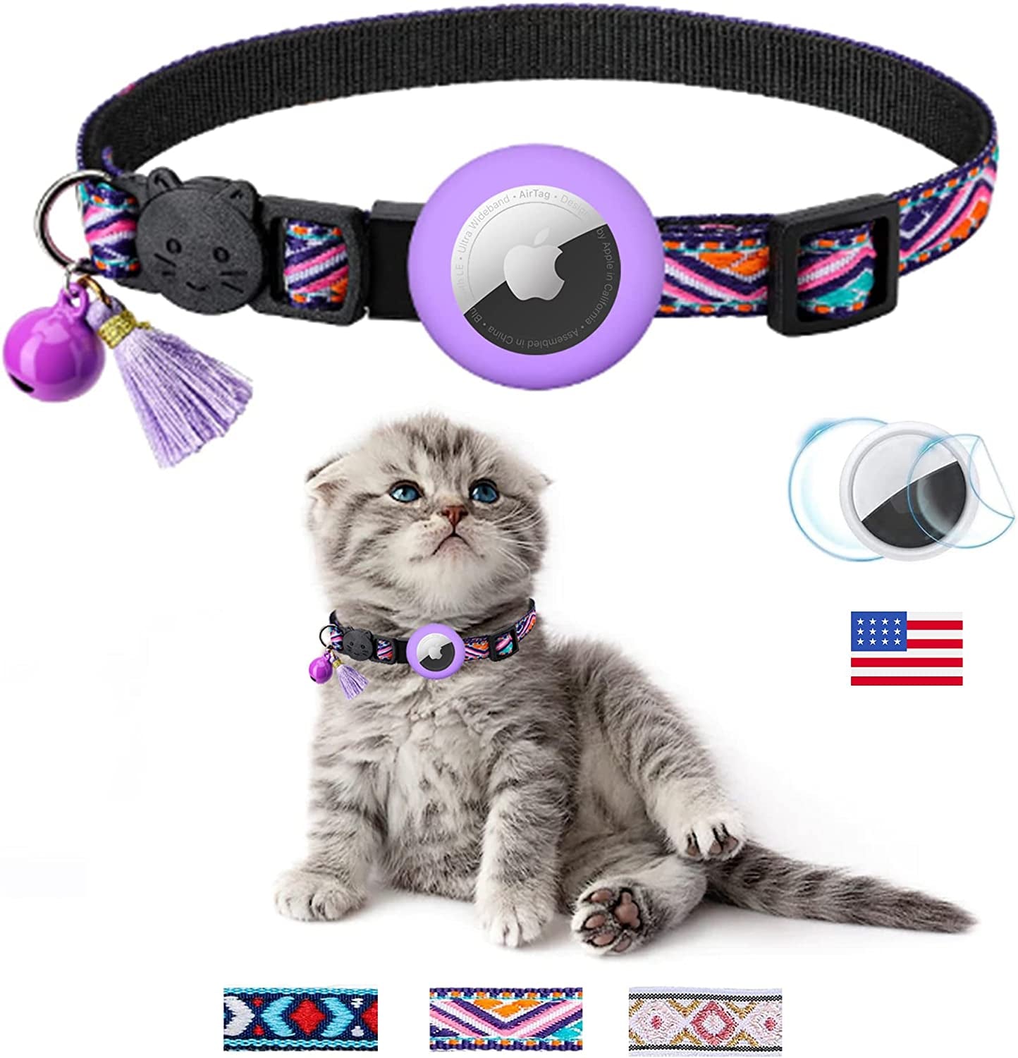 Tom & Spike- Airtag Cat Collar with Bell Adjustable Breakaway Kitten Collars:- Safety Buckle and Silicone Air Tag Holder Case Compatible with Apple Airtag Geometric Pattern Pet Collar Electronics > GPS Accessories > GPS Cases Generic Purple  