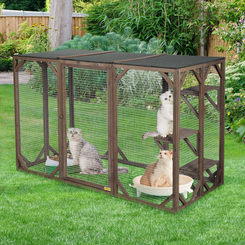 Coziwow Cat House Outdoor Cat Run Playpen Kennel Wooden with 3 Platforms Animals & Pet Supplies > Pet Supplies > Dog Supplies > Dog Kennels & Runs Coziwow Gray +Black  