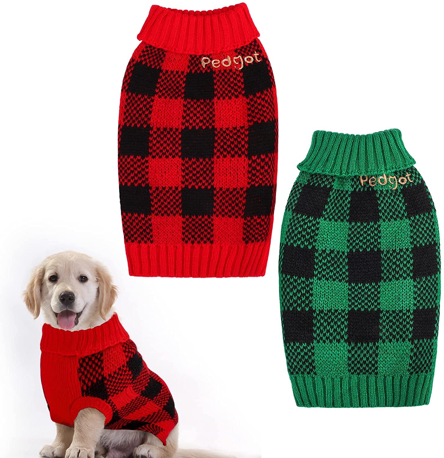 Pedgot 2 Pieces Pet Christmas Sweater Dog Xmas Clothes Vests for Winter Classic Plaid Knitwear for Christmas Winter Holiday Events (Red and Black, Black and Green, Large) Animals & Pet Supplies > Pet Supplies > Dog Supplies > Dog Apparel Pedgot Red and Black, Black and Green Large 