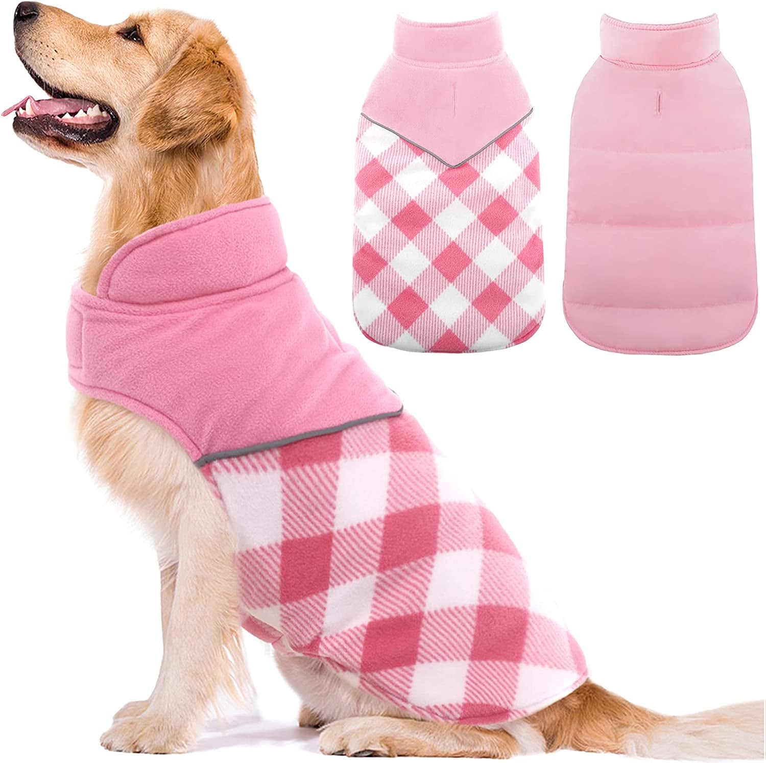 Kuoser Dog Winter Coat, Reversible Cold Weather Dog Jacket, Soft Warm Plaid Dog Coats, Puppy Waterproof Thickened Vest Windproof Outdoor Apparel for Small Medium and Large Dogs Animals & Pet Supplies > Pet Supplies > Dog Supplies > Dog Apparel Kuoser Pink XXX-Large (Pack of 1) 