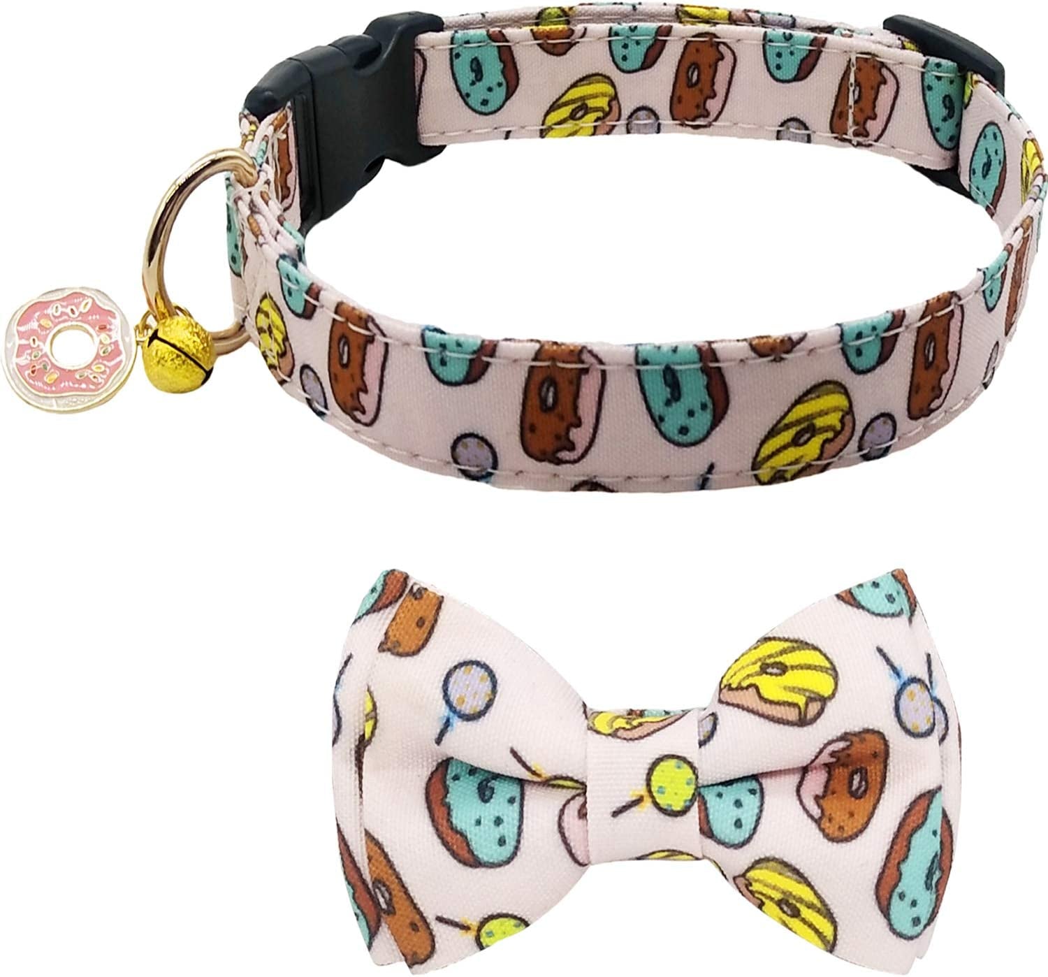 KUDES 2 Pack Dog Collars with Bow Tie, Adjustable Dog Collar with Bells Safety Buckle Cute Pet Collars for Small/Medium/Large Dogs and Cats Boys Girls (Doughnut+Pizza, L(14"-22")) Animals & Pet Supplies > Pet Supplies > Dog Supplies > Dog Apparel Leegoo   