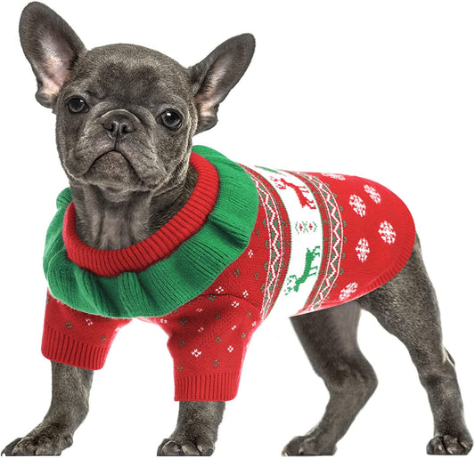 Queenmore Dog Christmas Sweater, Pet Cold Weather Pullover Sweater, Knit Clothes Elastic Thick, round Neck with Ruffles for Small Dogs, Doggies, Pups and Cats (Red, Medium) Animals & Pet Supplies > Pet Supplies > Dog Supplies > Dog Apparel Queenmore Red X-Large 