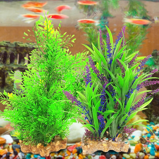 Shulemin Fake Aquatics Plants Realistic Fish Hideaway Anti-Fade Artificial Water Weeds Fish Tank Ornaments for Fish Tank Decor,Purple Green