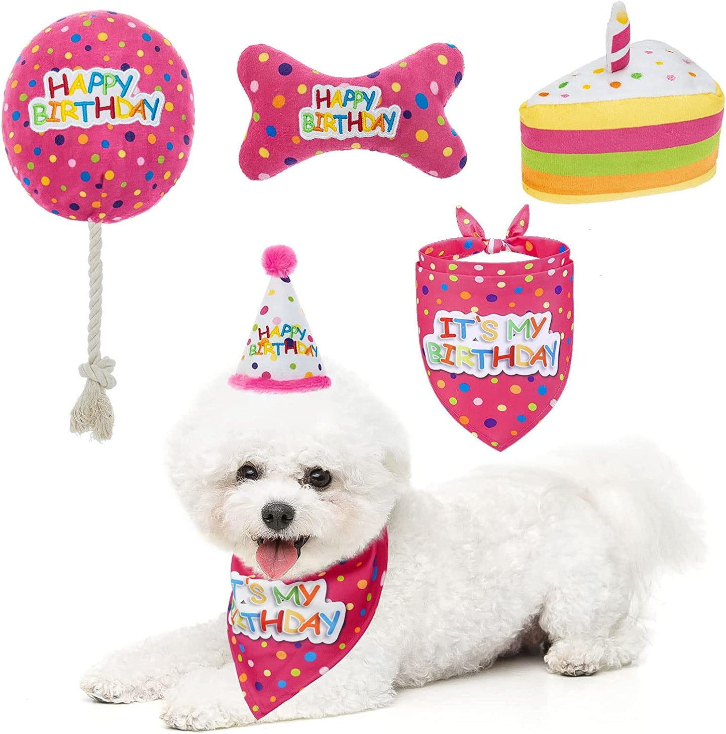 Dog Birthday Bandana Hat with Cake Plush Squeak Toy - Birthday Boy Triangle Scarf and Adjustable Polka Dot Hat, Cute Birthday Party Supplies for Small and Medium Dogs and Cats Animals & Pet Supplies > Pet Supplies > Dog Supplies > Dog Apparel Forwardog Pink-Toys  