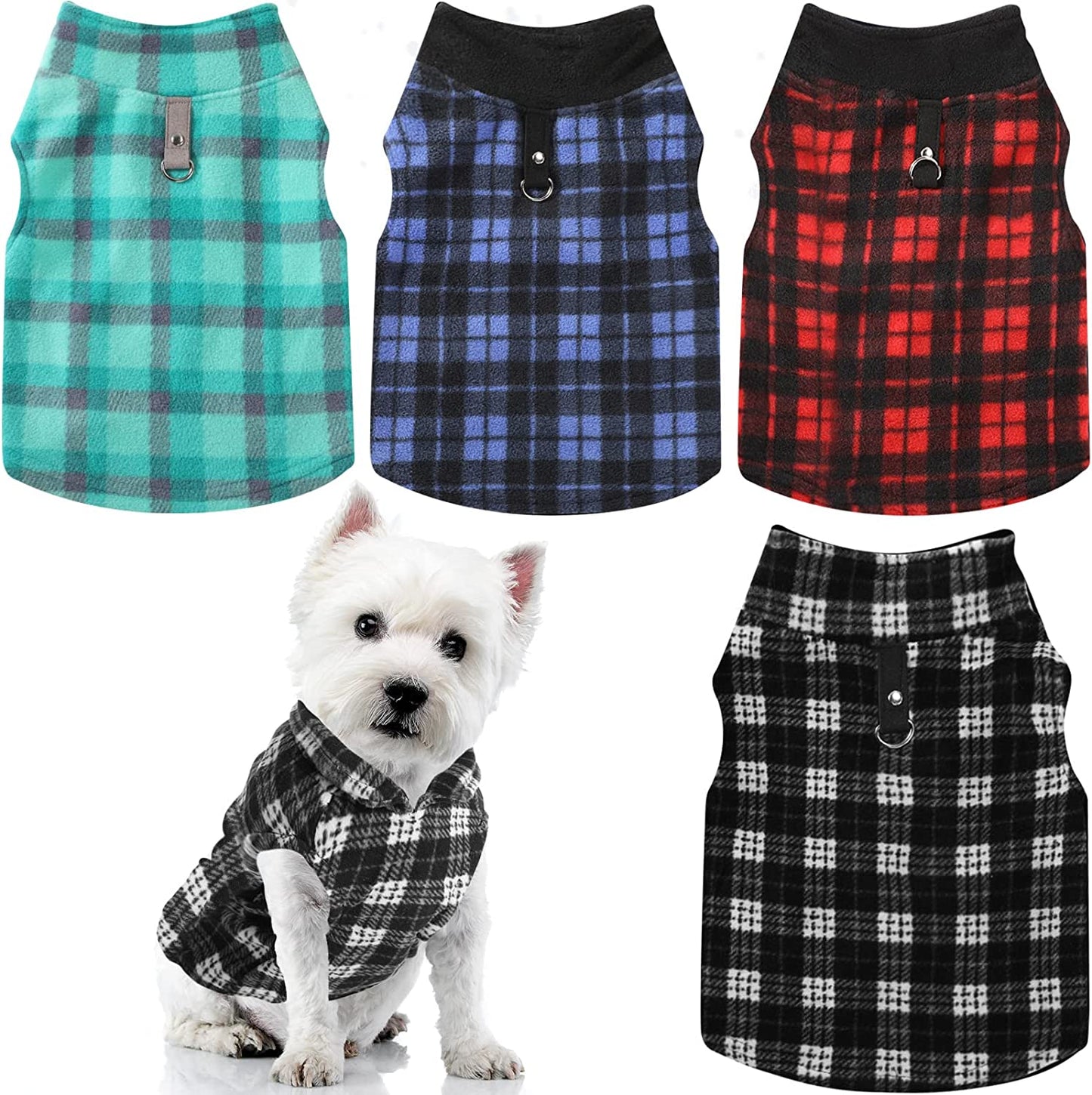 4 Pieces Winter Fabric Dog Sweater with Leash Ring Fleece Vest Dog Pullover Jacket Warm Pet Dog Clothes for Puppy Small Dogs Cat Chihuahua Boy (Plaid Pattern, XS) Animals & Pet Supplies > Pet Supplies > Dog Supplies > Dog Apparel Weewooday Plaid S 