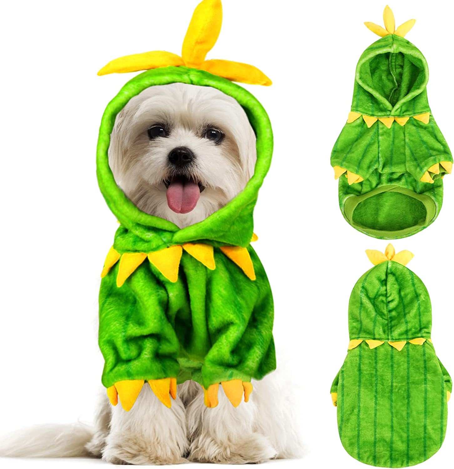MIGOHI Dog Halloween Costumes, Cute Green Cactus Shape Dog Hoodie Coat for Daily Wear Outdoor Walking, Puppy Funny Cosplay Adorable Coral Velvet Hooded Pajamas for Small Medium Dogs