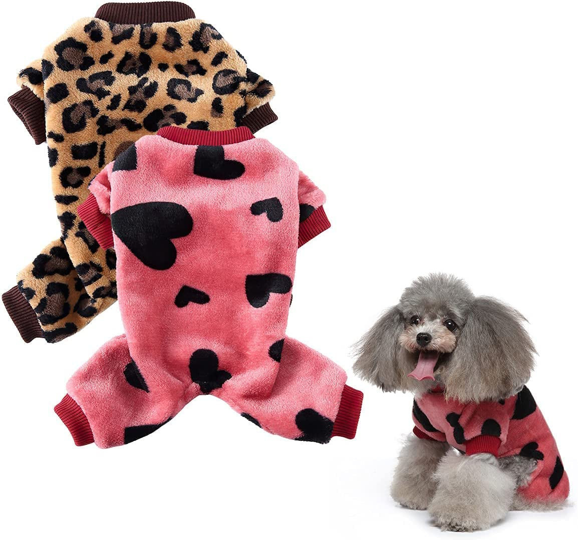 2 Pack Dog Pajamas for Small Dogs Boy Girl Fleece Puppy Pjs Jammies 4 Leg Dog Clothes for Chihuahua Yorkie Winter Warm Onesies Jumpsuit Clothing for Pet Dogs Male Female (Medium Bust 14.5") Animals & Pet Supplies > Pet Supplies > Dog Supplies > Dog Apparel Kosiyi Love Pink + Leopard Print X-Small (1-2 Ib) 