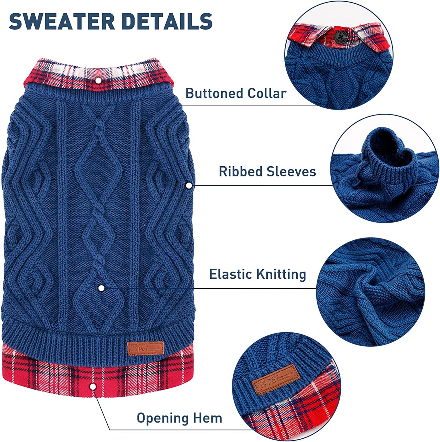 ISPET Classic Pet Dog Sweaters - Patchwork Knitted Dogs Sweatshirt Warm Cats Plaid Winter Clothes for Small Dogs Cold Days Wearing, Navy Blue Medium Animals & Pet Supplies > Pet Supplies > Dog Supplies > Dog Apparel IS PET DESIGNER PETWEAR   