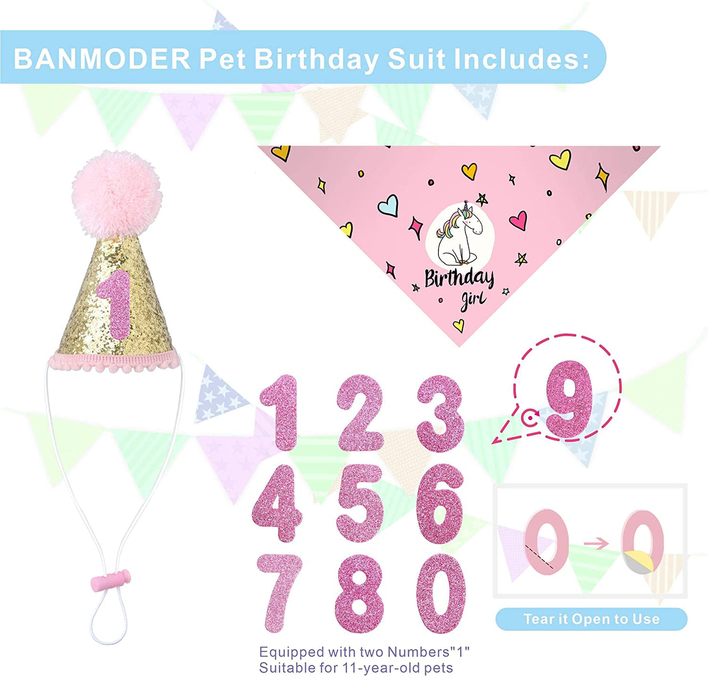 BANMODER Dog Birthday Bandana Square Scarf and Reusable Cute Doggie Birthday Party Hat with 0-8 Figures for Girls Boy (Pink) Animals & Pet Supplies > Pet Supplies > Dog Supplies > Dog Apparel BANMODER   