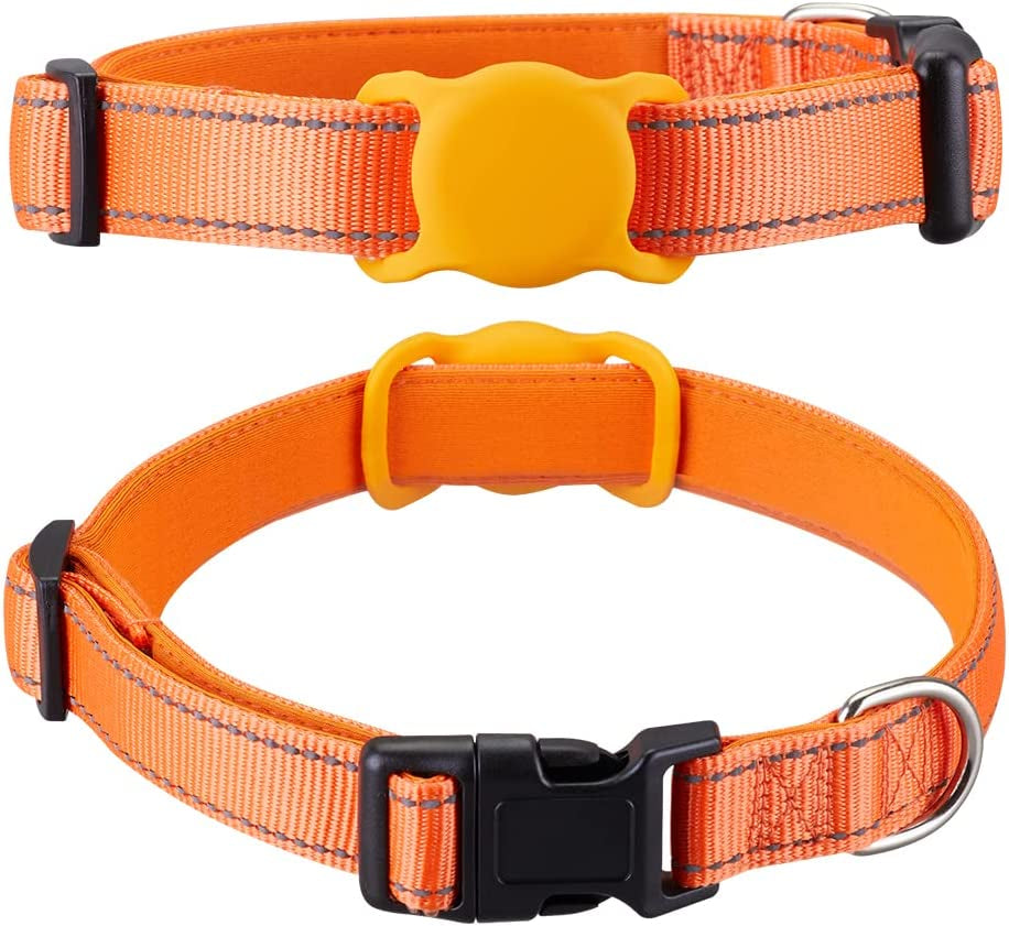 Airtag Dog Collar for Small Medium Large Dogs, Animire Soft Neoprene Padded Pet Cat Collar, Nylon Puppy Collar with Silicone Air Tag Case Holder Accessories, 9''-16'' Neck Electronics > GPS Accessories > GPS Cases Animire Orange S:9''-16'' Neck 