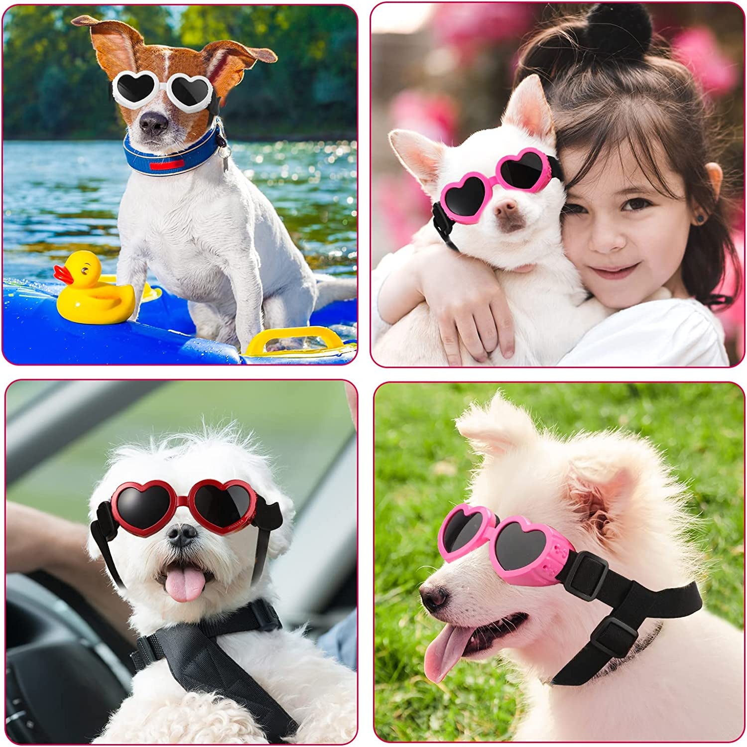 3 Pairs Dog Sunglasses Heart Shape Goggles Small Dog Decorations UV Protection Puppy Eye Wear with Adjustable Strap Windproof Glasses for Doggie PET Sun Glasses Anti-Fog Glasses (Red, White, Pink) Animals & Pet Supplies > Pet Supplies > Dog Supplies > Dog Apparel Nezyo   