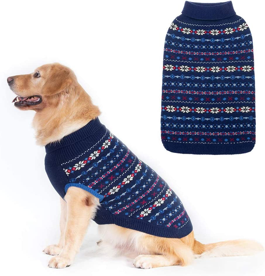 BINGPET Dog Sweater - Christmas Winter Warm Dog Clothes - Turtleneck Sweater for Small Medium Large Dogs - Classic Snowflake Doggy Knitwear Clothes Animals & Pet Supplies > Pet Supplies > Dog Supplies > Dog Apparel BINGPET Navy Blue Medium 