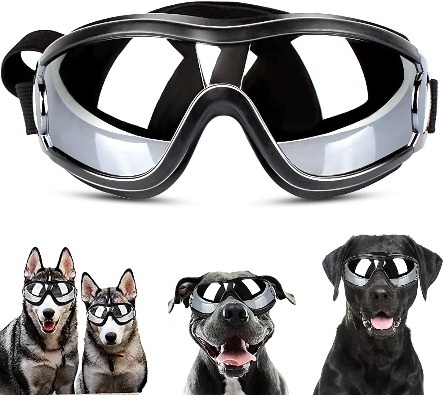 CHROM Dog Goggles - Large Dog Eye Protection Doggles Windproof Sunglasses for Medium Large Dog (Black-Silver) Animals & Pet Supplies > Pet Supplies > Dog Supplies > Dog Apparel CHROM   