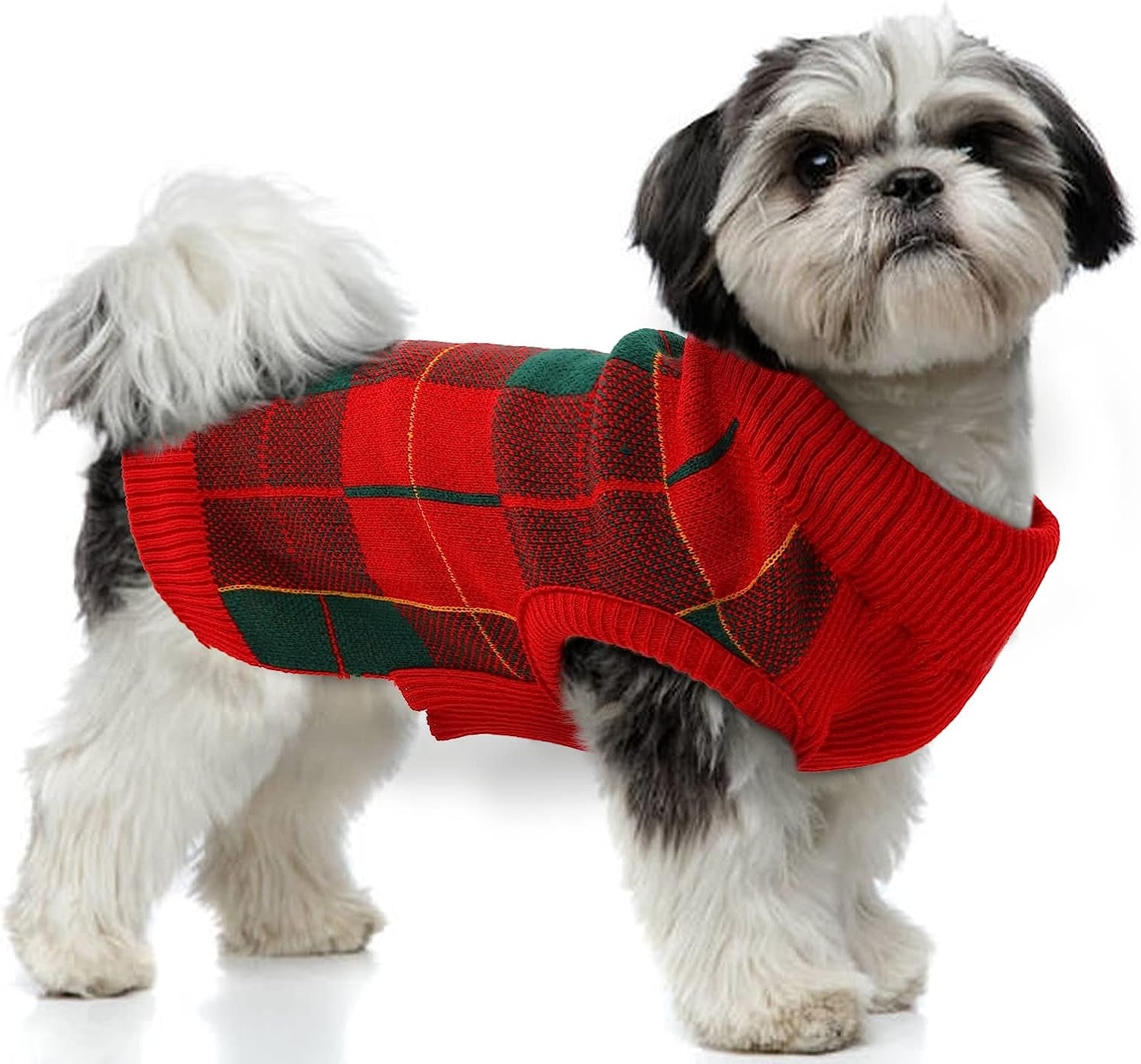 Classic Plaid Dog Sweater with Leash Hole, Warm Stretchy Knitwear for Small Medium Dog, Soft Jacquard Knit Pullover with Elastic High Collar for Spring Fall Winter Christmas Cold Weather Daily Wear Animals & Pet Supplies > Pet Supplies > Dog Supplies > Dog Apparel PUMYPOREITY Red/Green Medium 