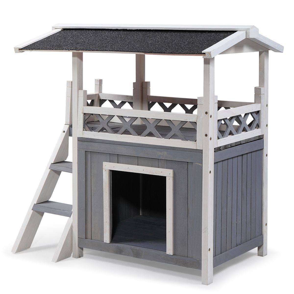 MOCA AUTOPARTS 2-Tier Wood Dog/Cat/Rabbit House, Rustic Pet Home with Roof and Ladder, Pet Shelter for Indoor and Outdoor, Gray
