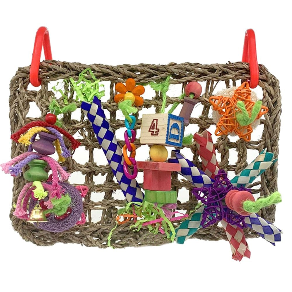 Bird Foraging Wall Toy Seagrass Woven Mat with Colorful Wooden Blocks Chew Toys Animals & Pet Supplies > Pet Supplies > Bird Supplies > Bird Toys MINIPI   