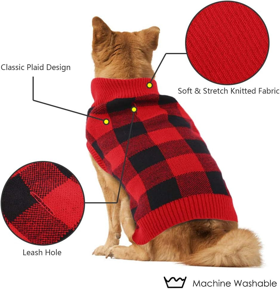 Classic Plaid Dog Sweater with Leash Hole, Warm Stretchy Knitwear for Small Medium Dog, Soft Jacquard Knit Pullover with Elastic High Collar for Spring Fall Winter Christmas Cold Weather Daily Wear Animals & Pet Supplies > Pet Supplies > Dog Supplies > Dog Apparel PUMYPOREITY   