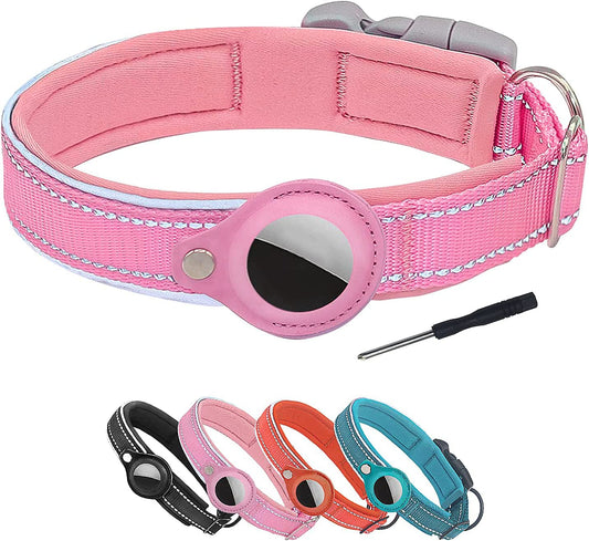 DERLOW Dog Collar with Airtag Case, Reflective Soft Neoprene Padded Breathable Nylon Pet Collar, Adjustable Airtag Dog Collar Holder for Small Medium Large Dogs, Pink M