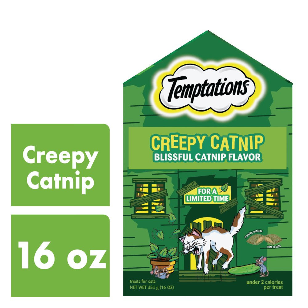 TEMPTATIONS Classic, Crunchy and Soft Cat Treats, Creepy Catnip Treats for Cats, Blissful Catnip Flavor, 16 Oz. Pouch