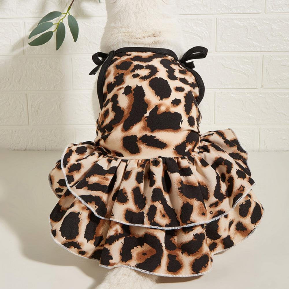 Dog Dress Leopard Dog Clothes for Small Dogs Girl Puppy Tulle Dress Cat Apparel Pet Outfit, Brown, L