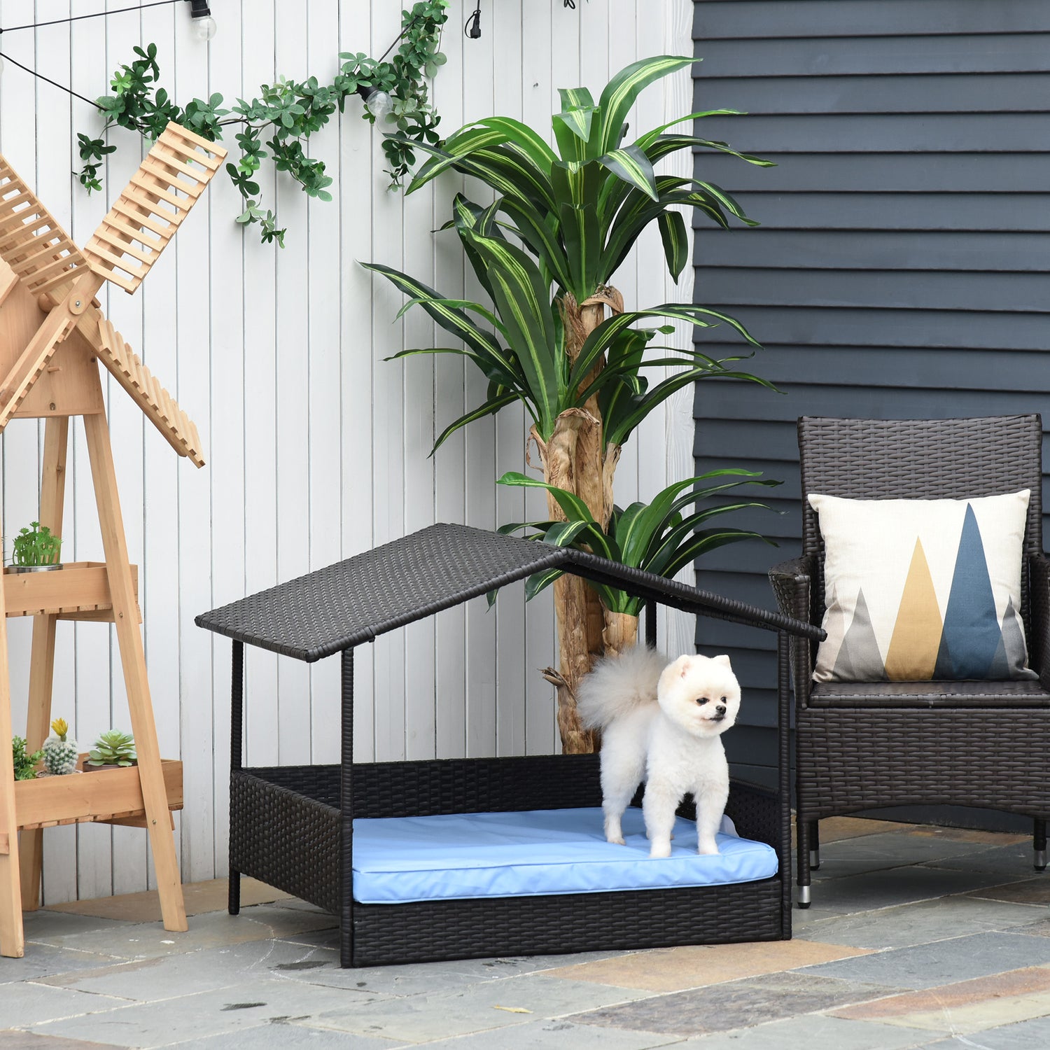 Pawhut Wicker Dog House Raised Rattan Bed for Indoor/Outdoor with Cushion Lounge, Blue Animals & Pet Supplies > Pet Supplies > Dog Supplies > Dog Houses Pawhut   