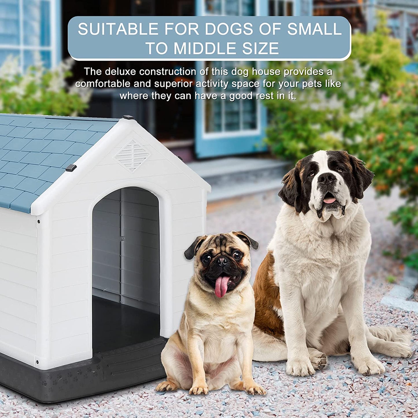 EXTFIT Plastic Dog House - Water Resistant Dog Kennel for Small to Medium Sized Dogs All Weather Indoor Outdoor Doghouse Puppy Shelter
