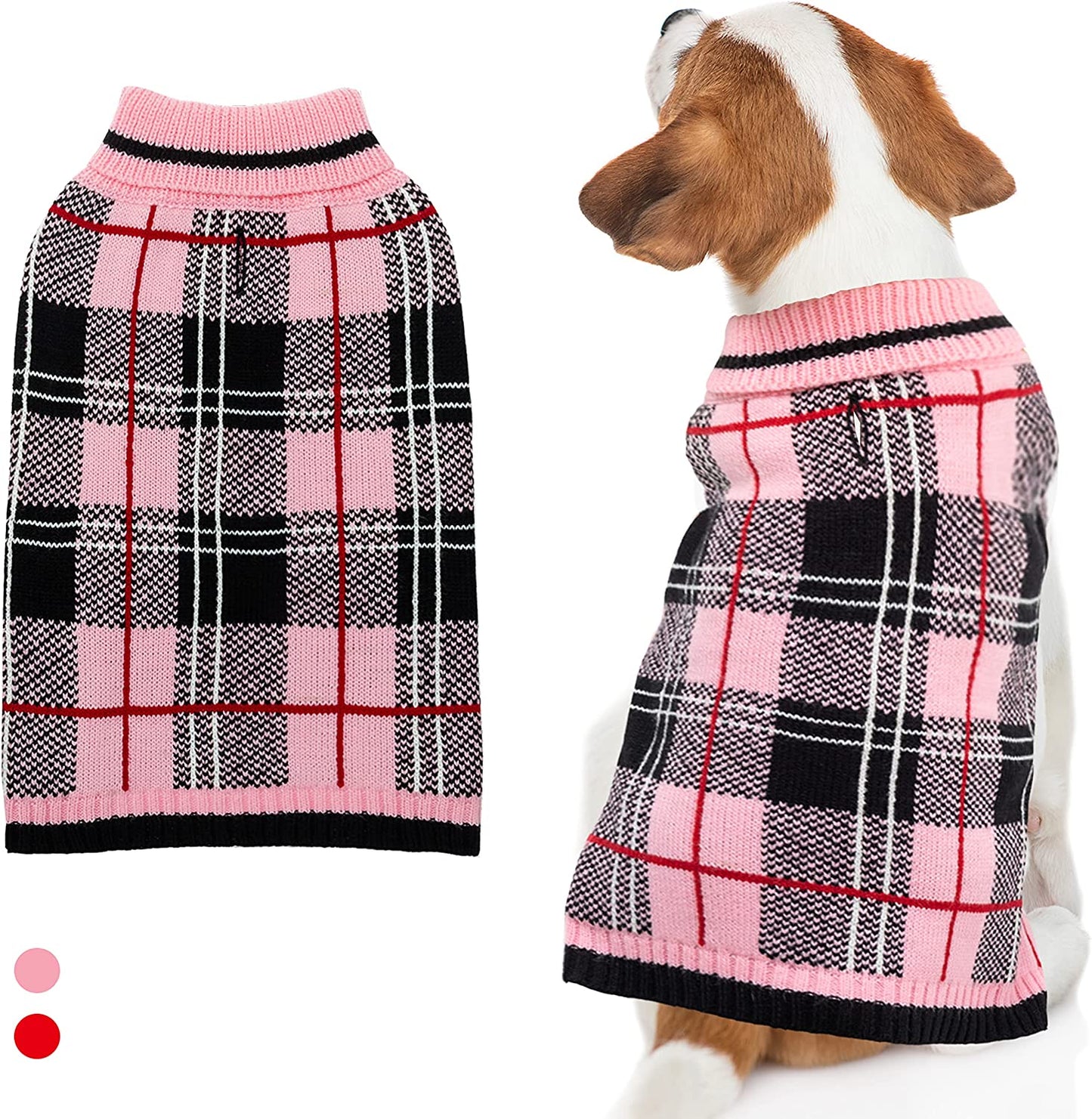 Dog Sweater for Small Medium Large Dog - Pink Plaid Christmas Winter Dog Sweater Vest for Cold Weather - Knitted Turtleneck Warm Pullover Dog Clothes with Leash Hole (S-XL) Animals & Pet Supplies > Pet Supplies > Dog Supplies > Dog Apparel MIMLOB Pink S: neck 12"-14", chest 18"-21" 