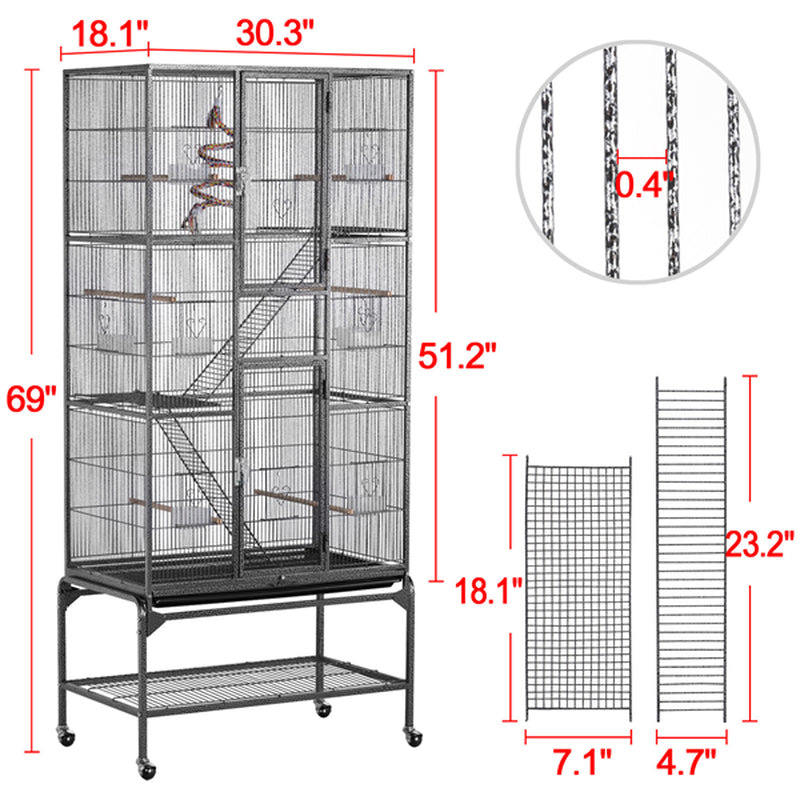 Smilemart 69" H Rolling Extra Large Metal Bird Cage with Detachable Stand for Parrots, Black Animals & Pet Supplies > Pet Supplies > Bird Supplies > Bird Cages & Stands SmileMart   