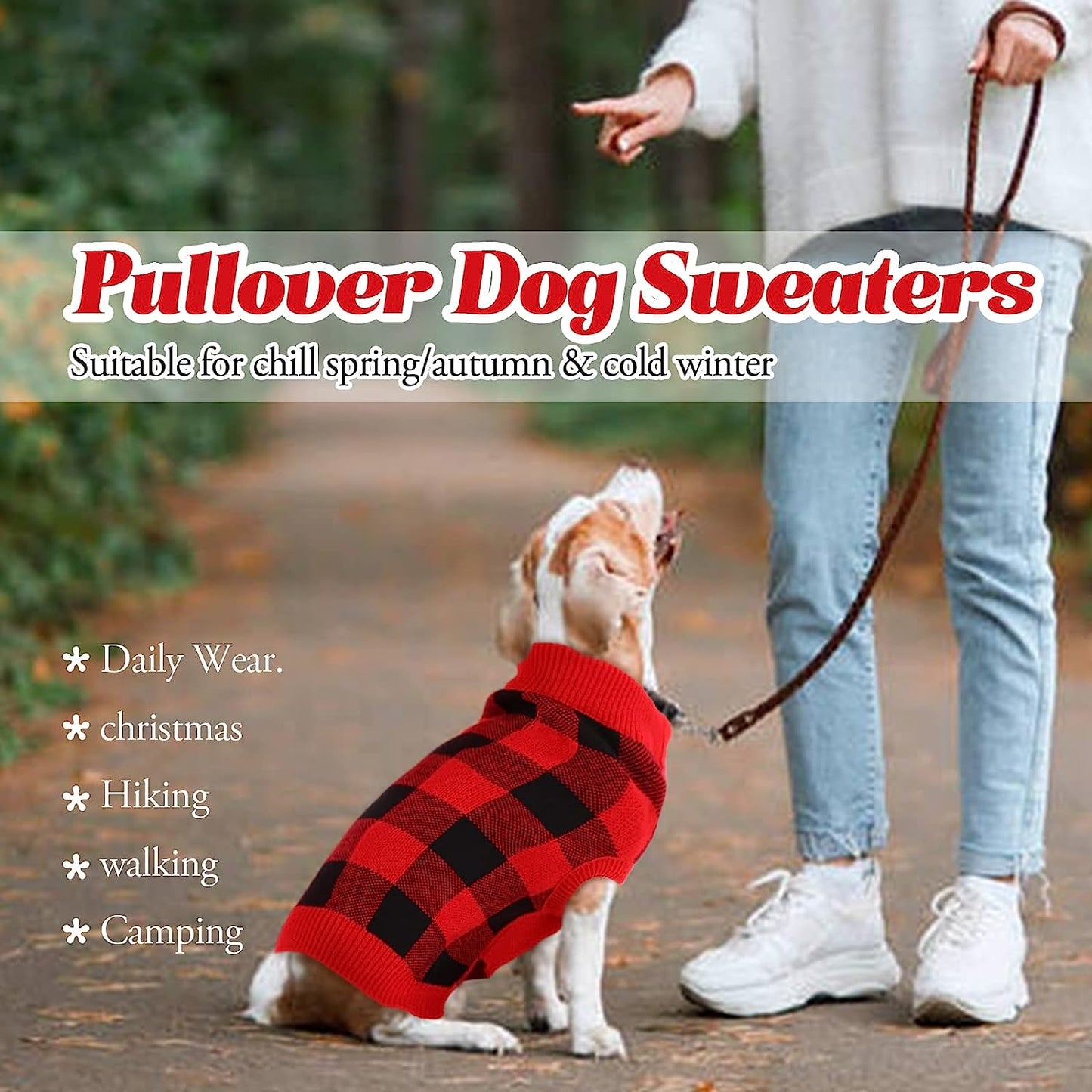 Classic Plaid Dog Sweater with Leash Hole, Warm Stretchy Knitwear for Small Medium Dog, Soft Jacquard Knit Pullover with Elastic High Collar for Spring Fall Winter Christmas Cold Weather Daily Wear Animals & Pet Supplies > Pet Supplies > Dog Supplies > Dog Apparel PUMYPOREITY   