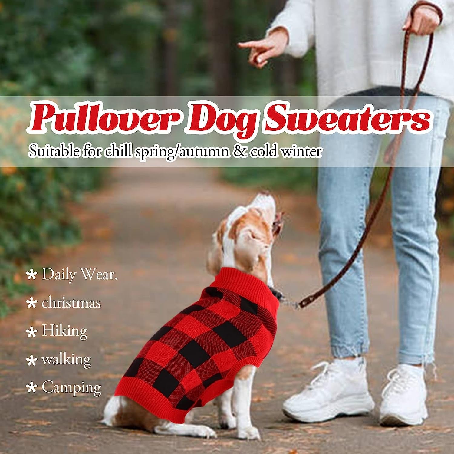 Classic Plaid Dog Sweater with Leash Hole, Warm Stretchy Knitwear for Small Medium Dog, Soft Jacquard Knit Pullover with Elastic High Collar for Spring Fall Winter Christmas Cold Weather Daily Wear Animals & Pet Supplies > Pet Supplies > Dog Supplies > Dog Apparel PUMYPOREITY   