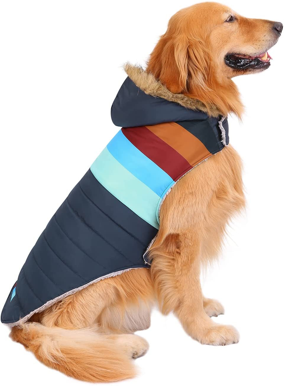 HDE Dog Puffer Jacket Fleece Lined Warm Dog Parka Winter Coat with Harness Hole Navy Retro Stripe - L Animals & Pet Supplies > Pet Supplies > Dog Supplies > Dog Apparel HDE Navy Retro Stripe XX-Large 