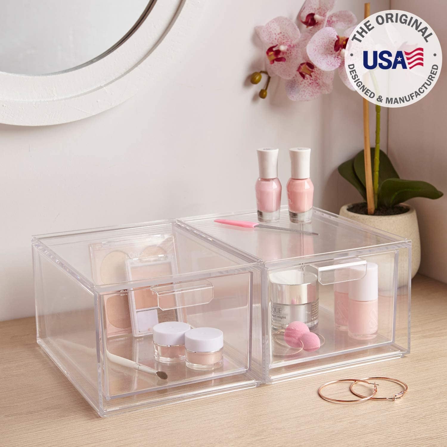 STORi Audrey Stackable Clear Plastic Organizer Drawers, 2 Piece Set, 4.5-Inches Tall, Organize Cosmetics and Beauty Supplies on a Vanity