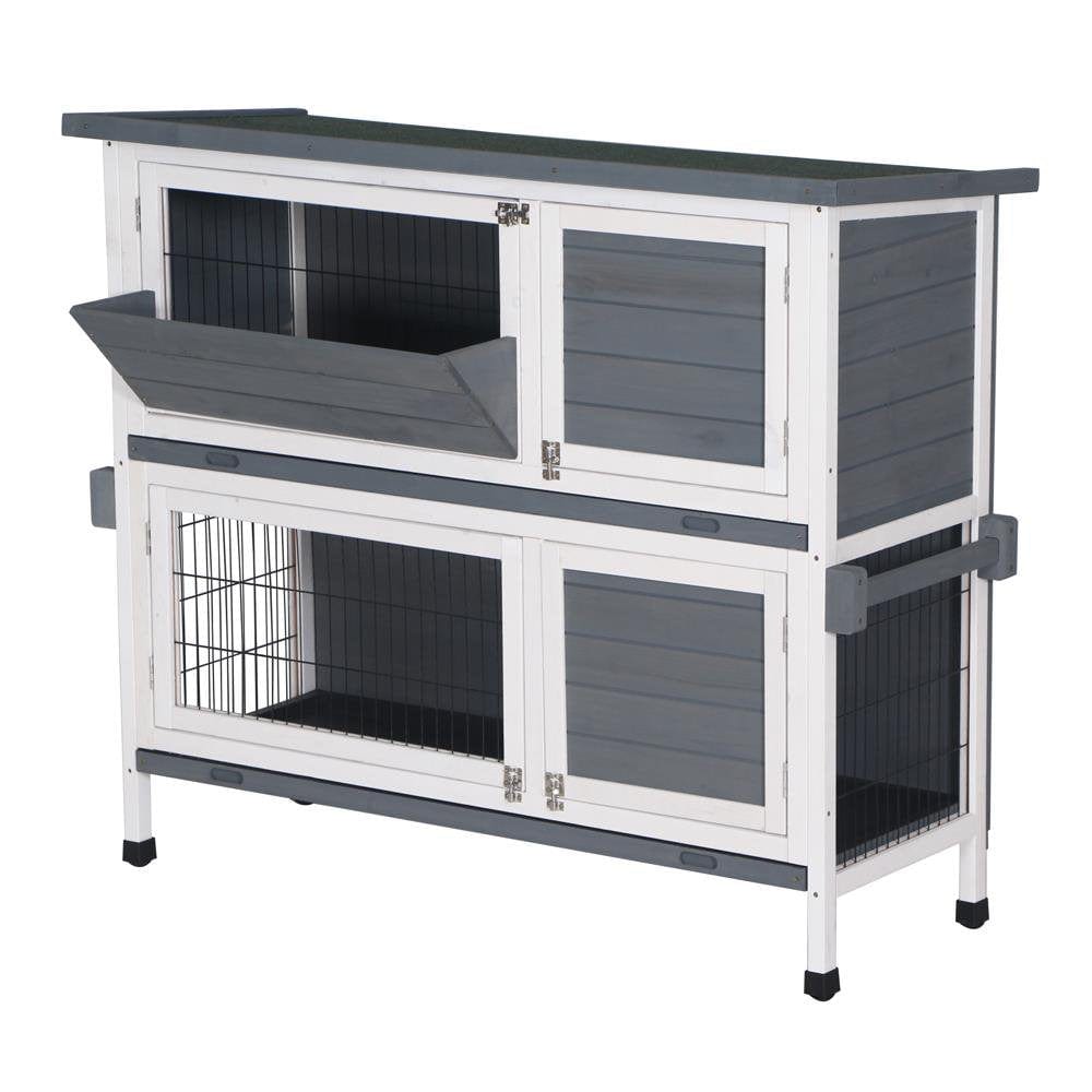 48" 2 Tiers Wooden Rabbit Hutch Chicken Coop Bunny Cage Wooden Small Animal Habitat with Tray White Gray Animals & Pet Supplies > Pet Supplies > Small Animal Supplies > Small Animal Habitats & Cages KOL PET   