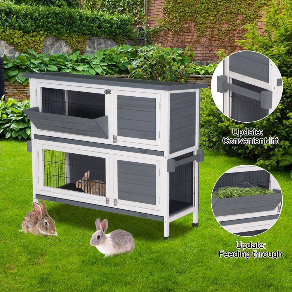 48" 2 Tiers Wooden Rabbit Hutch Chicken Coop Bunny Cage Wooden Small Animal Habitat with Tray White Gray