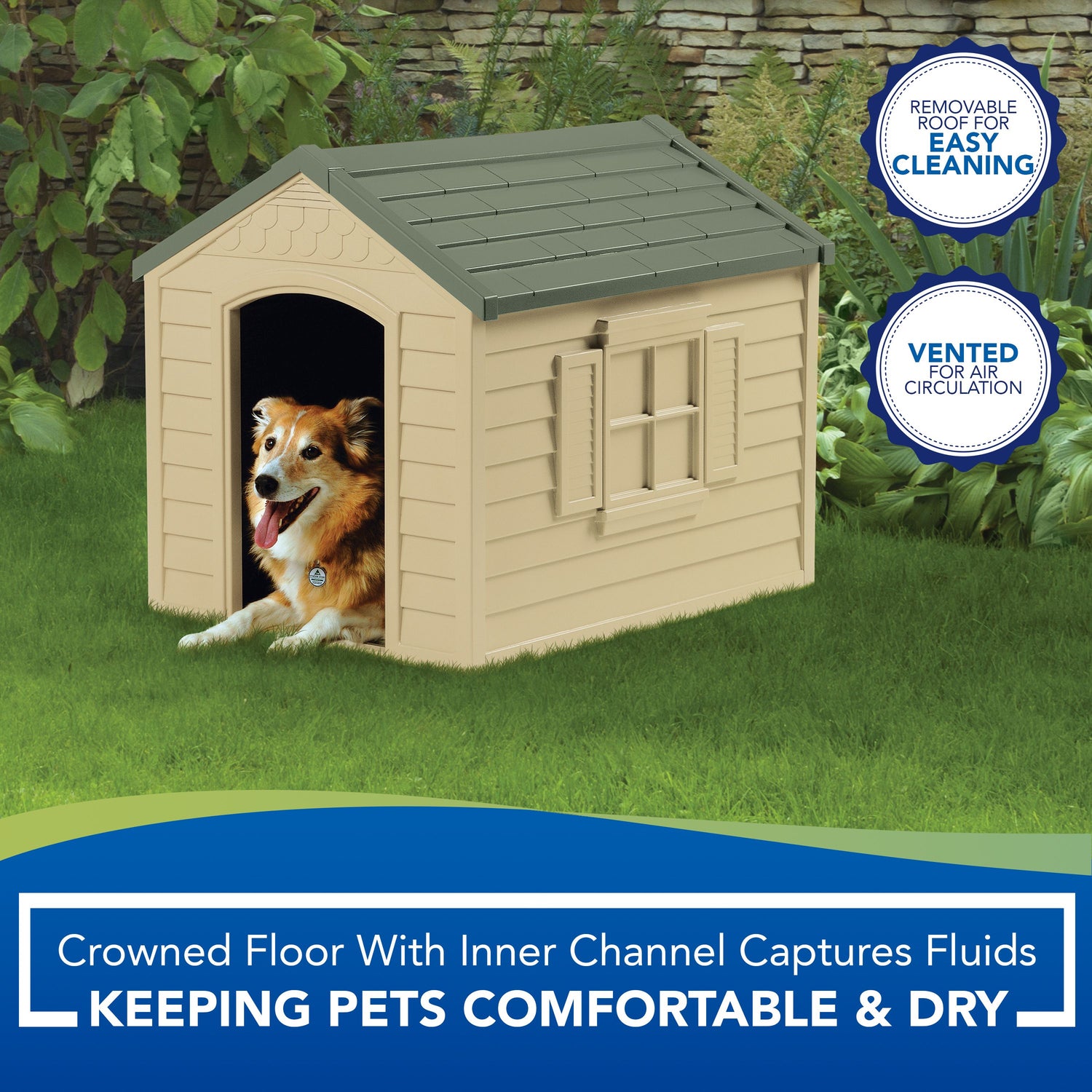 Suncast Medium Indoor & Outdoor Dog House for Small/Medium Breeds, Beige/Green