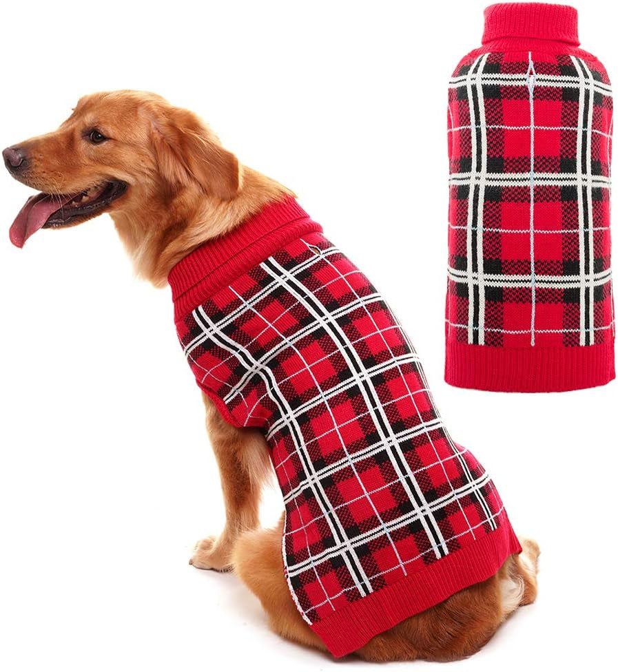 PUPTECK Classic Plaid Style Dog Sweater - Puppy Festive Winter Cloth Animals & Pet Supplies > Pet Supplies > Dog Supplies > Dog Apparel Beibao Red SM - Chest 19"-20.75", Length 14" 