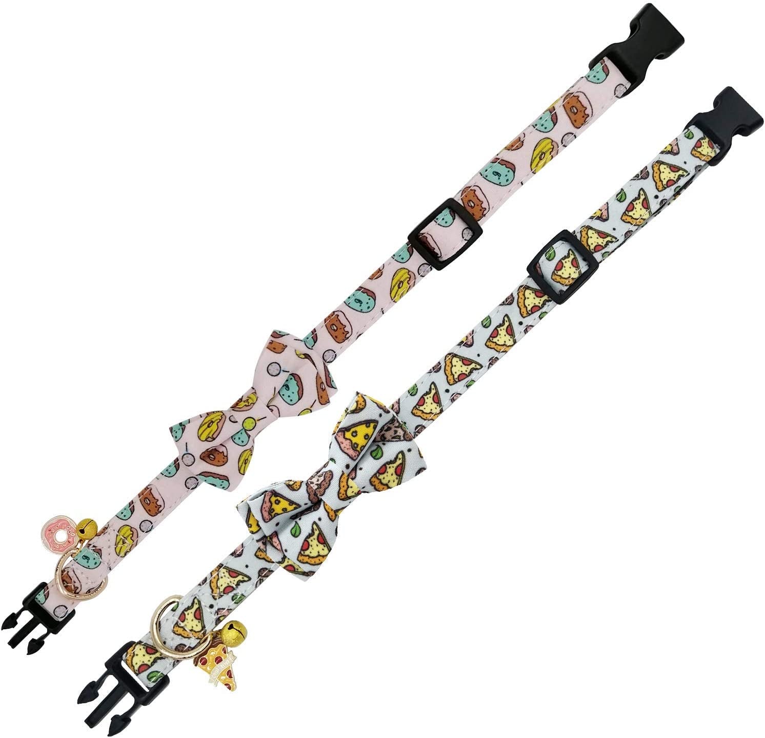 KUDES 2 Pack Dog Collars with Bow Tie, Adjustable Dog Collar with Bells Safety Buckle Cute Pet Collars for Small/Medium/Large Dogs and Cats Boys Girls (Doughnut+Pizza, L(14"-22")) Animals & Pet Supplies > Pet Supplies > Dog Supplies > Dog Apparel Leegoo   