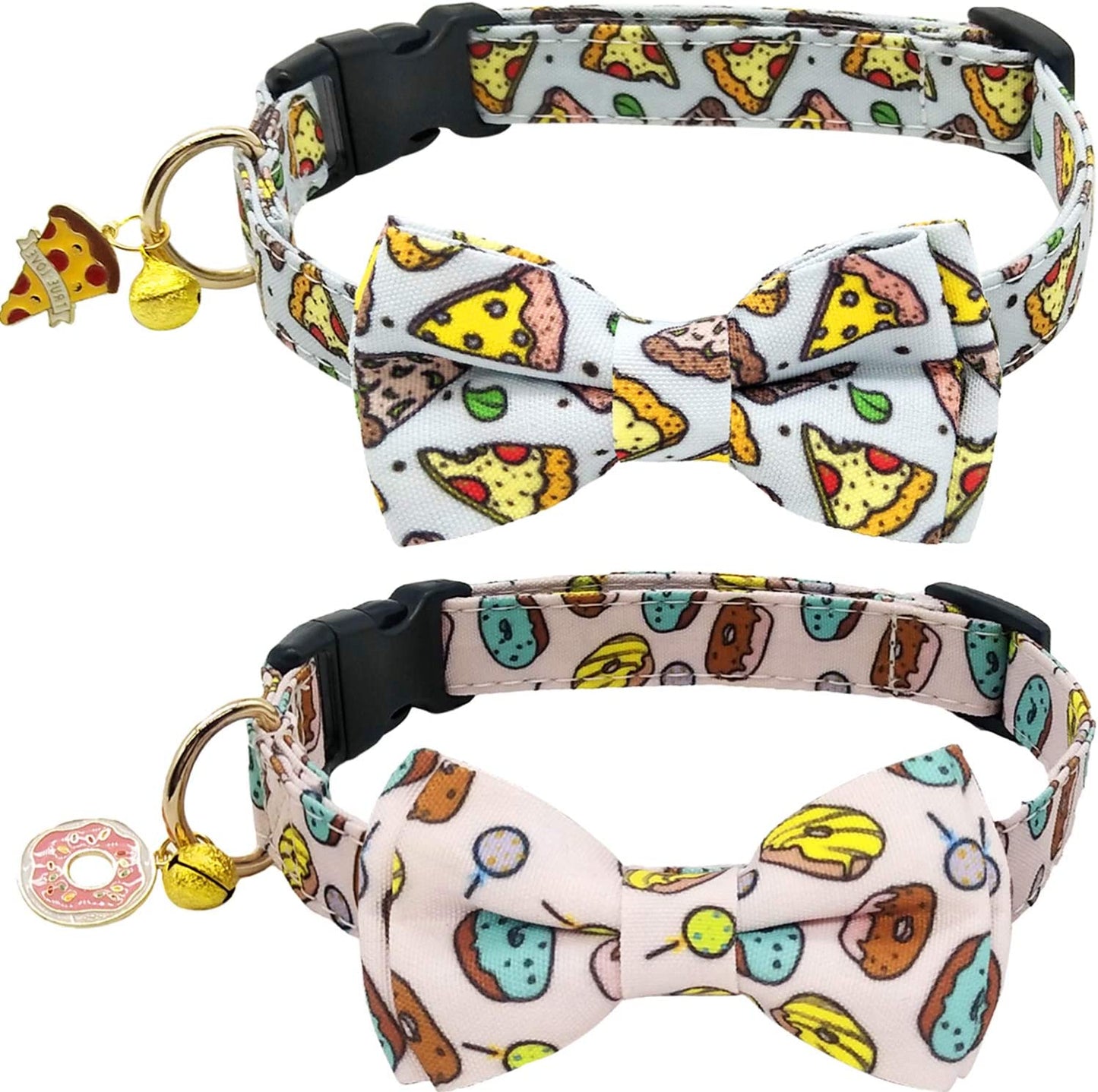 KUDES 2 Pack Dog Collars with Bow Tie, Adjustable Dog Collar with Bells Safety Buckle Cute Pet Collars for Small/Medium/Large Dogs and Cats Boys Girls (Doughnut+Pizza, L(14"-22")) Animals & Pet Supplies > Pet Supplies > Dog Supplies > Dog Apparel Leegoo Doughnut+Pizza M(11"-18") 