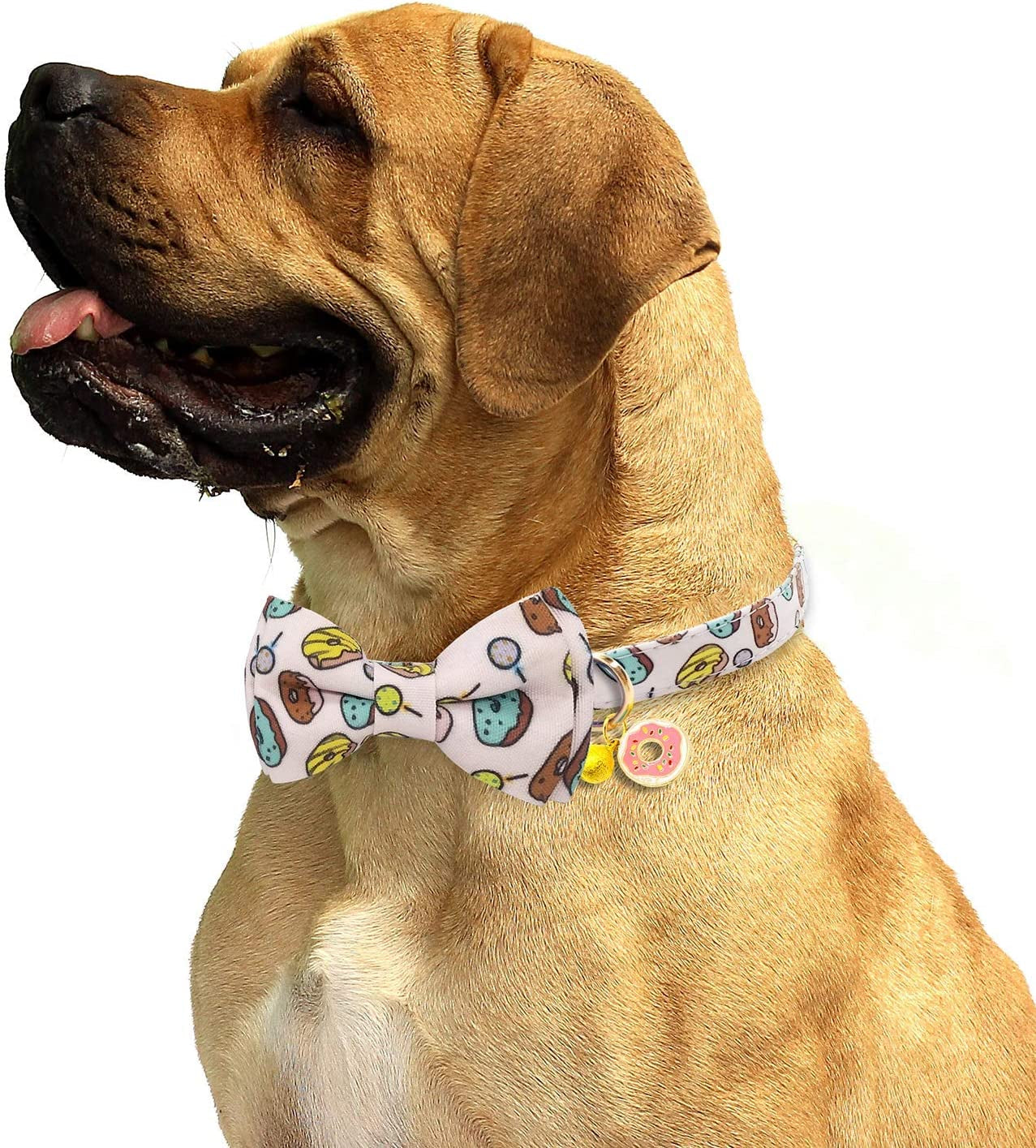 KUDES 2 Pack Dog Collars with Bow Tie, Adjustable Dog Collar with Bells Safety Buckle Cute Pet Collars for Small/Medium/Large Dogs and Cats Boys Girls (Doughnut+Pizza, L(14"-22")) Animals & Pet Supplies > Pet Supplies > Dog Supplies > Dog Apparel Leegoo   