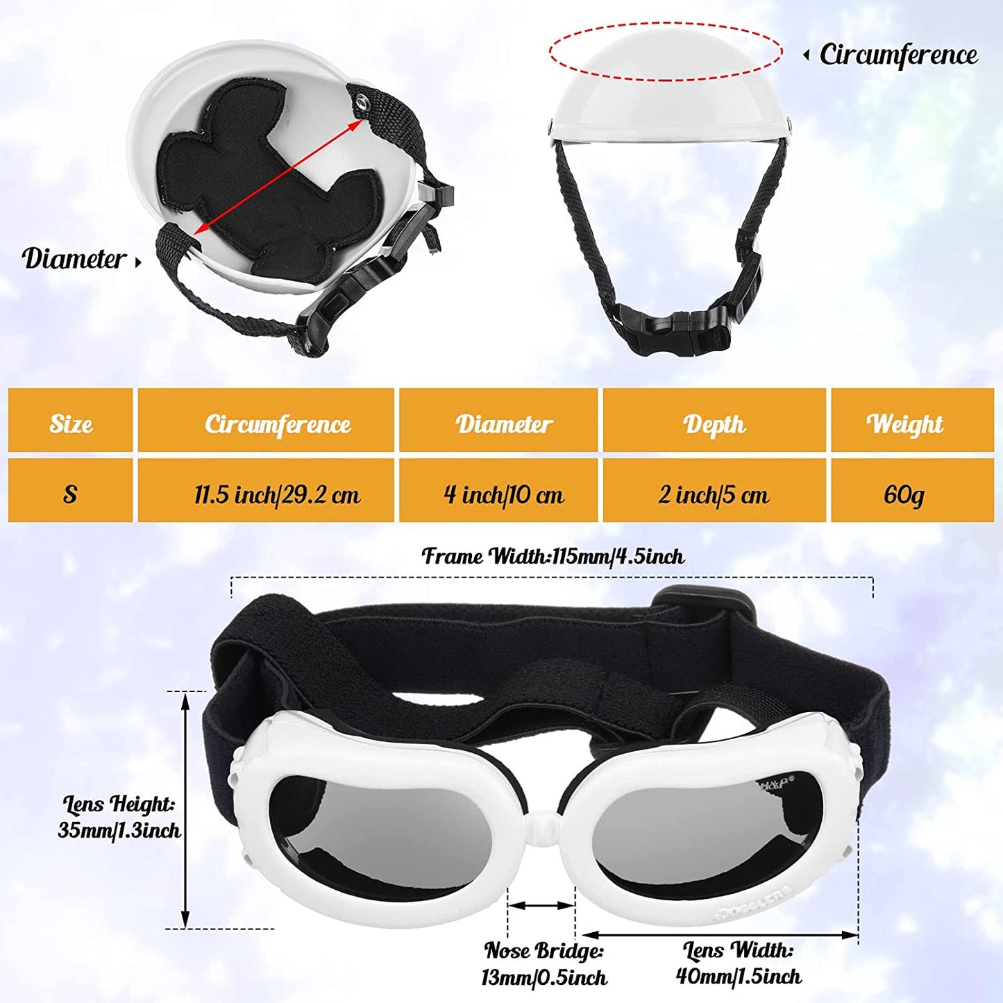 Small Dog Helmet Goggles UV Protection Doggy Sunglasses Pet Dog Glasses Motorcycle Hard Safety Hat with Adjustable Belt Windproof Snowproof Eye Head Protection for Puppy Riding, S Size,S Size (White) Animals & Pet Supplies > Pet Supplies > Dog Supplies > Dog Apparel Frienda   