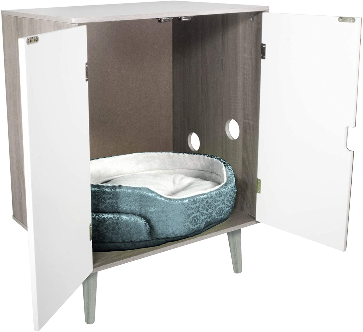 Penn-Plax Cat Walk Furniture: Contemporary Home Cat Litter Hide-Away Cabinet – Grey Wood Grain with White Doors