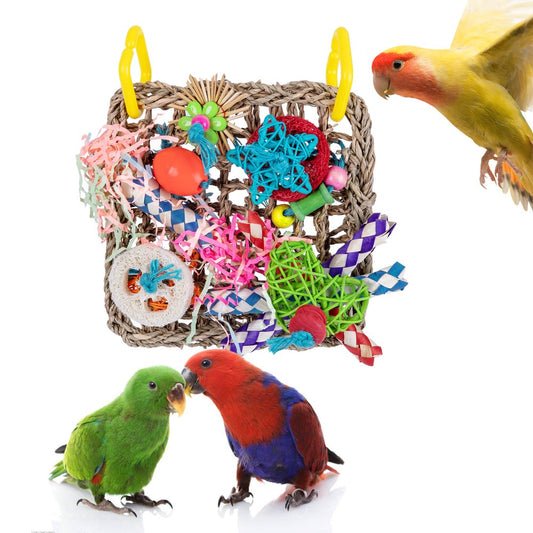 QBLEEV Bird Toys for Climbing Hammock with Colorful Bird Chew Toys Shredding Toy Seagrass Foraging Activity Wall