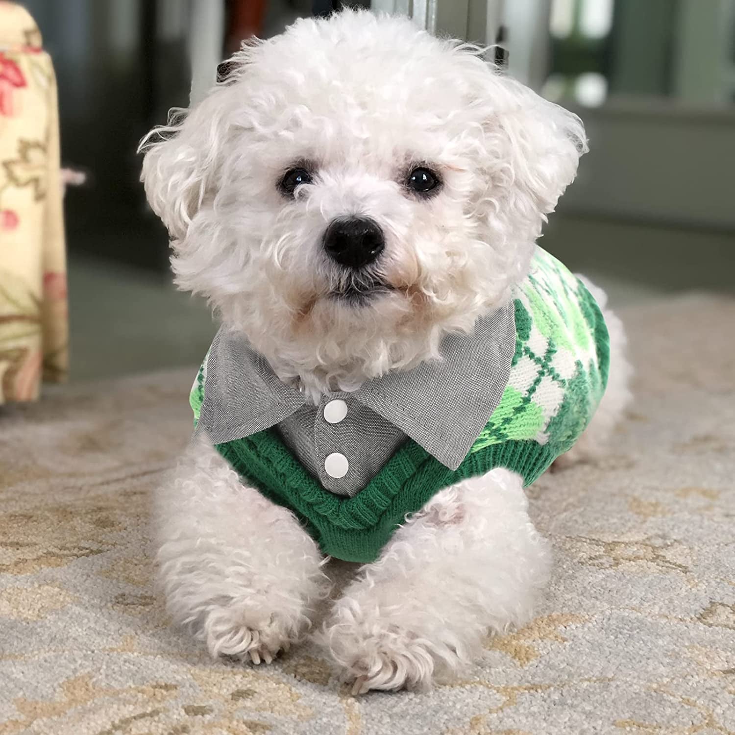 LETSQK Dog Sweater Dog Knitted Pet Clothes Classic Dog Winter Outfit with Plaid Argyle Patterns Warm Dog Sweatshirt with Polo Collar for Small Medium Puppies Dogs Cats, Green, L Animals & Pet Supplies > Pet Supplies > Dog Supplies > Dog Apparel LETSQK   