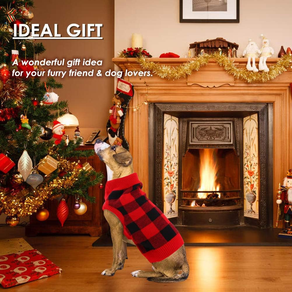 Classic Plaid Dog Sweater with Leash Hole, Warm Stretchy Knitwear for Small Medium Dog, Soft Jacquard Knit Pullover with Elastic High Collar for Spring Fall Winter Christmas Cold Weather Daily Wear Animals & Pet Supplies > Pet Supplies > Dog Supplies > Dog Apparel PUMYPOREITY   