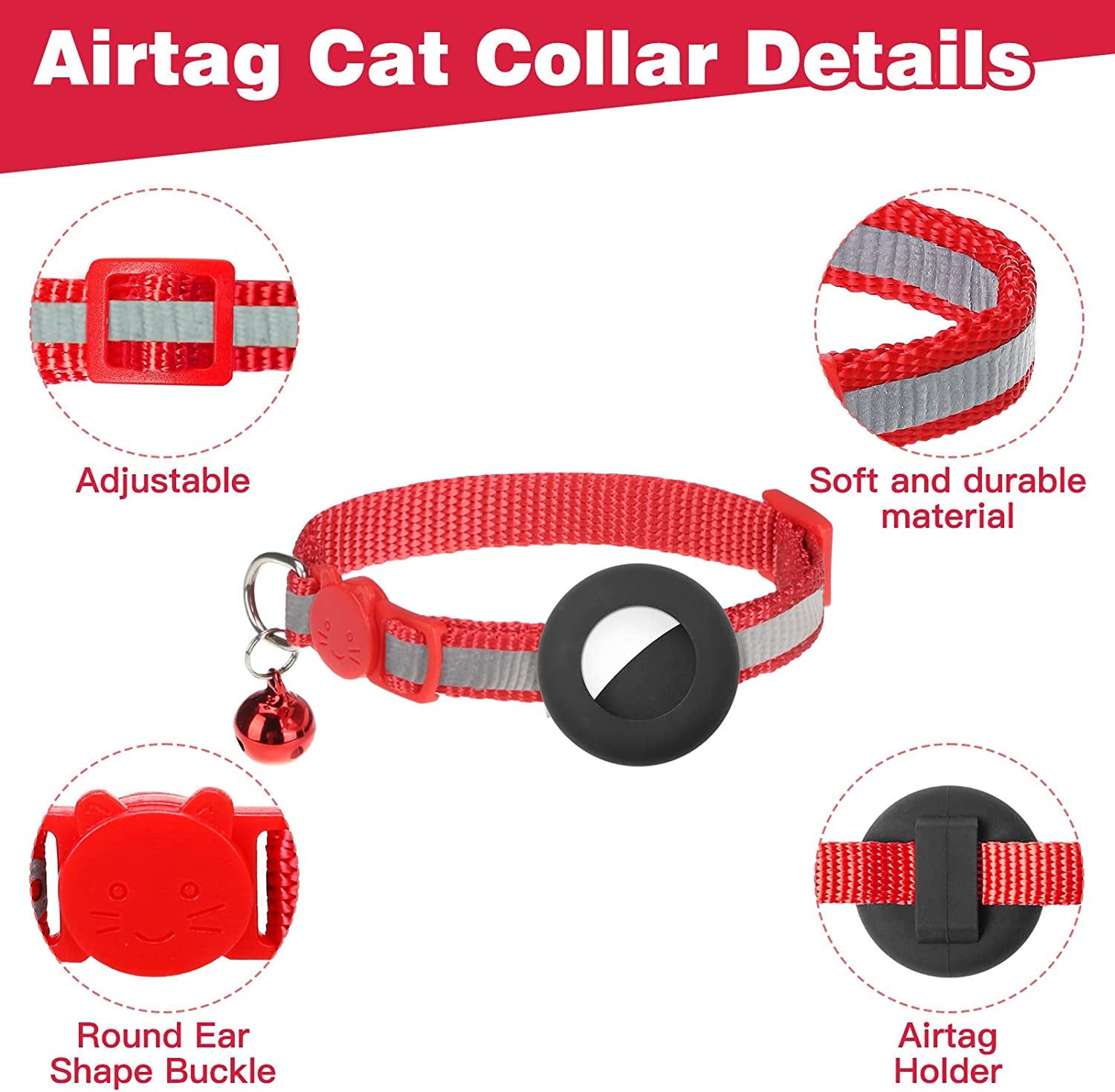 DILLYBUD Airtag Cat Collar Holder 2 Pack Reflective Air Tag Cat Collars Breakaway with Bell, Silicone Waterproof Airtag Case Compatible with Apple Airtag for Small Pets Puppy Kitten