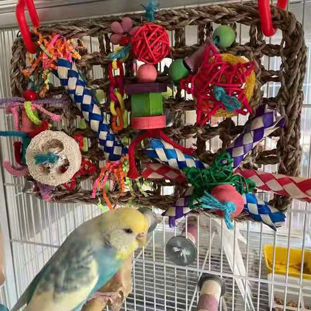 Bird Foraging Wall Toy Seagrass Woven Mat with Colorful Wooden Blocks Chew Toys Animals & Pet Supplies > Pet Supplies > Bird Supplies > Bird Toys MINIPI   