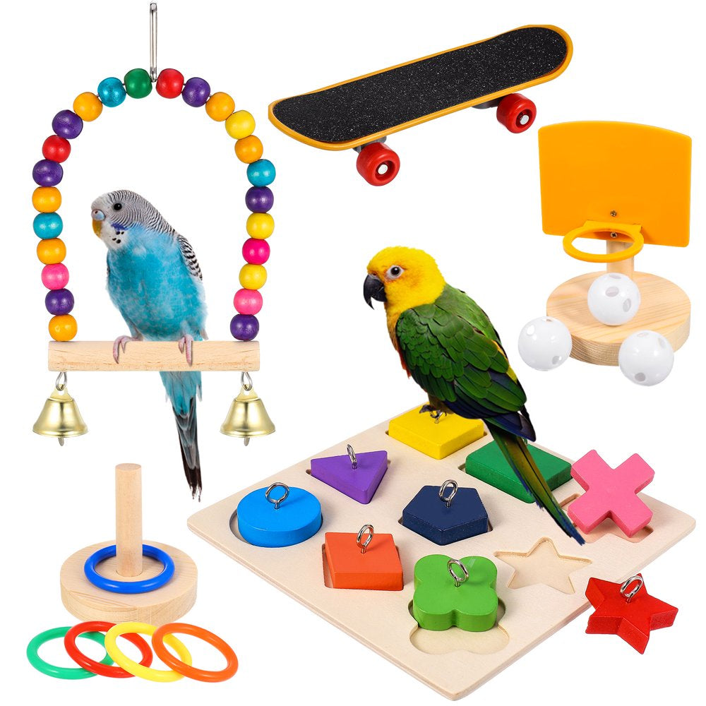 HEQUSIGNS Bird Parakeets Swing Toys Set, 5Pcs Bird Toys Set Hanging Bell Swing, Skateboard, Basketball Toy, Stacking Toy and Small Sepak Takraw for Budgerigar, Love Birds, Finches