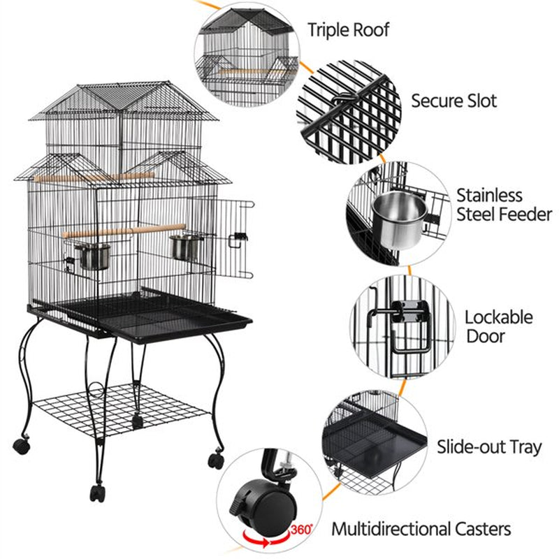 Topeakmart Triple Roof Rolling Bird Cage with Stand Perch, Large, Metal, Black Animals & Pet Supplies > Pet Supplies > Bird Supplies > Bird Cages & Stands Topeakmart   