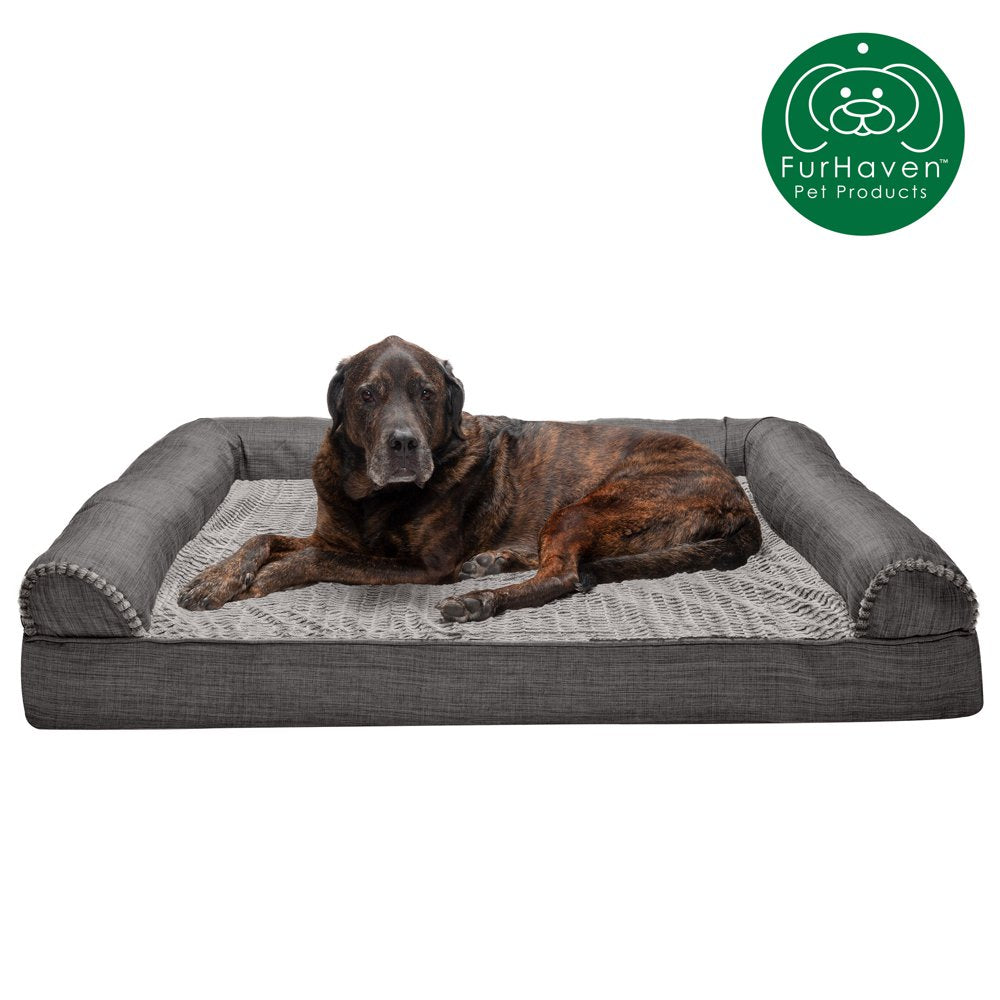 Furhaven Pet Products | Memory Foam Luxe Fur & Performance Linen Sofa-Style Couch Pet Bed for Dogs & Cats, Charcoal, Jumbo Plus Animals & Pet Supplies > Pet Supplies > Cat Supplies > Cat Beds FurHaven Pet Memory Foam Jumbo Plus Charcoal